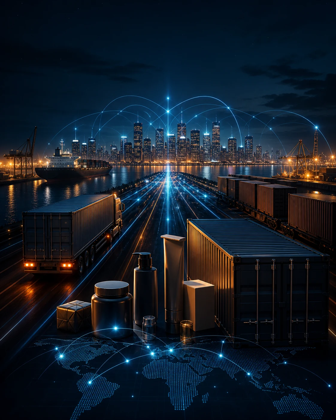 A connected trade corridor carrying premium products toward a modern city market